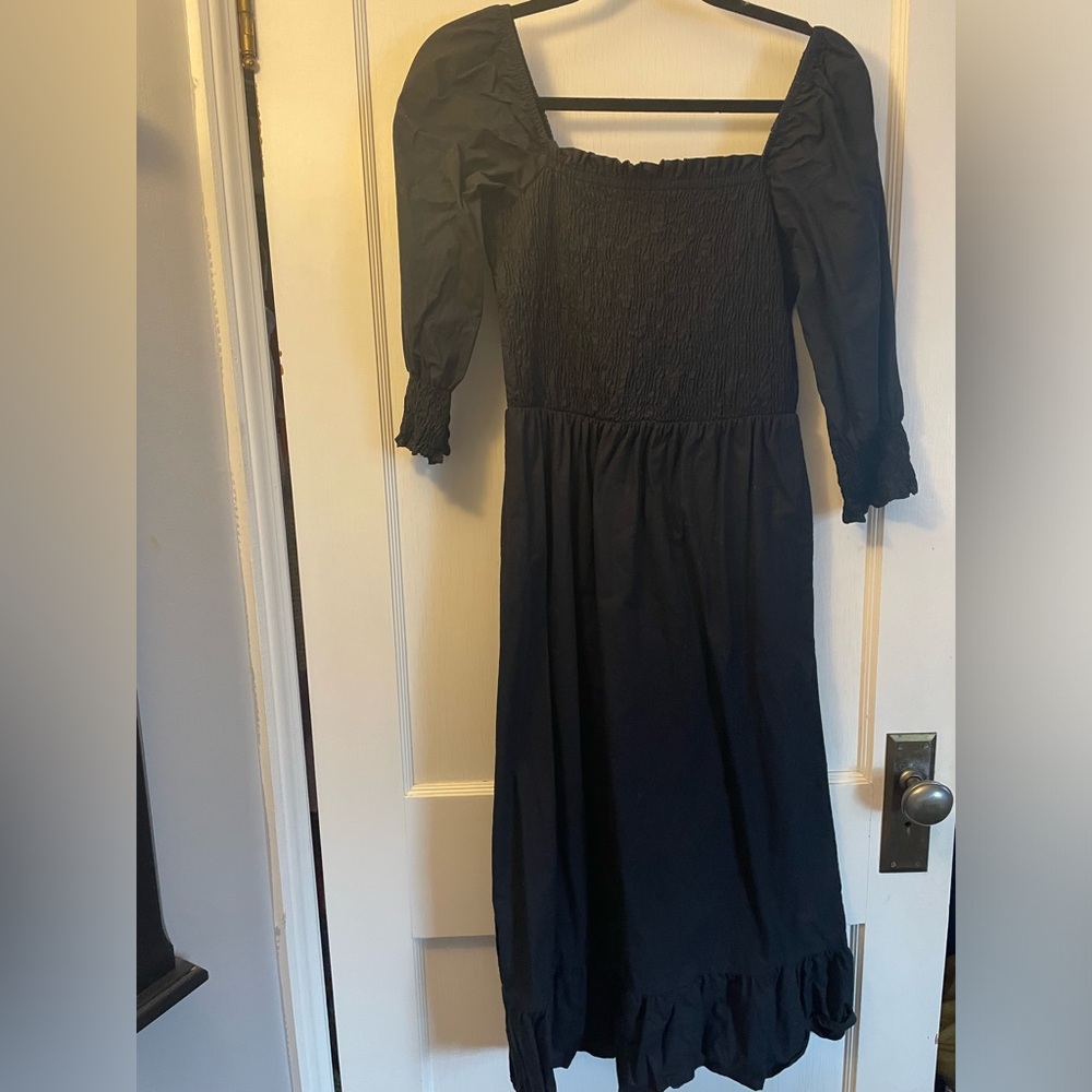 Black cotton maxi midi dress smocked bodice ruffle hem. Size says M but fits S